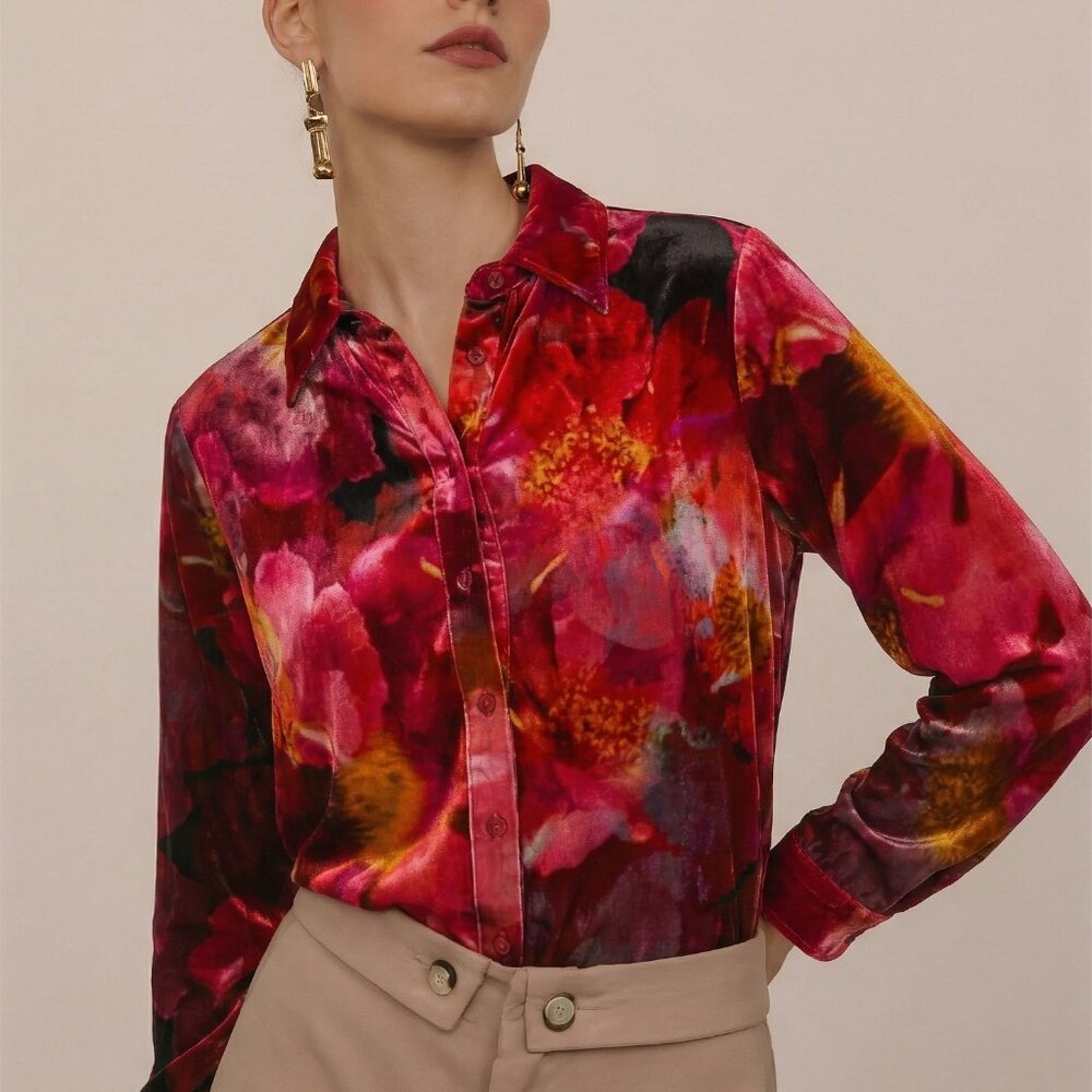 Johnny Was Ruby RED Floral Bloom Silk Velvet button down SHIRT New Tags $295 XL